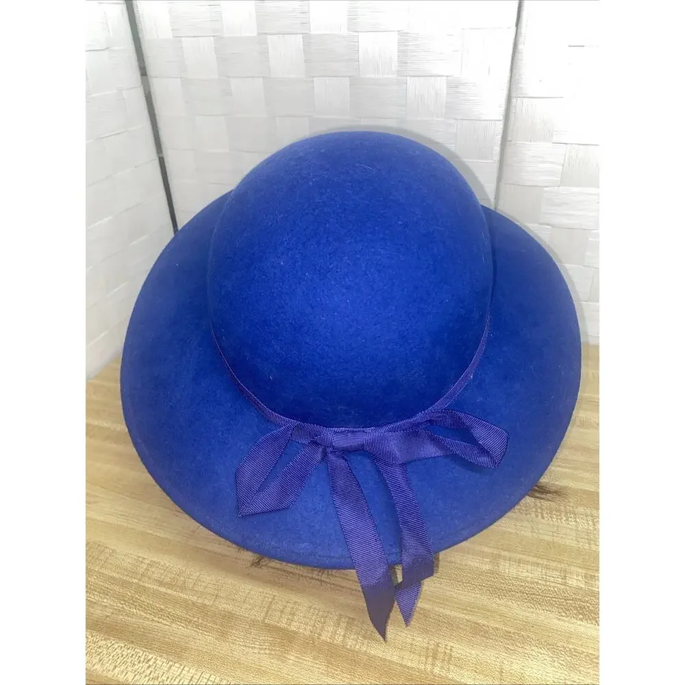 Vintage 60s Royal Blue 100% Wool Peachfelt Hat Ribbon Bow USA Made